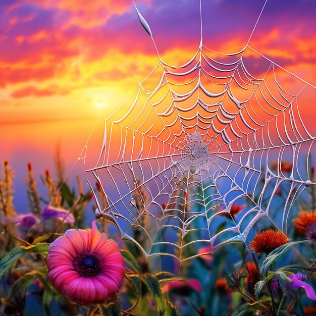 Foto teia de aranha coberta de orvalho com um cenário colorido do nascer do sol