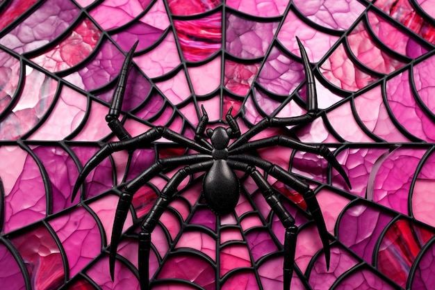 Foto teia de aranha com fundo de vidro rosa e preto generativo ai