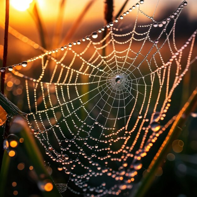 teia de aranha gotas de orvalho da manhã em close de uma teia de aranha com teia de spider teia cobwe