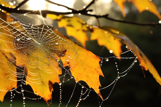 Foto teia de aranha iluminada pelo sol com gotas de orvalho e folhas douradas no fundo