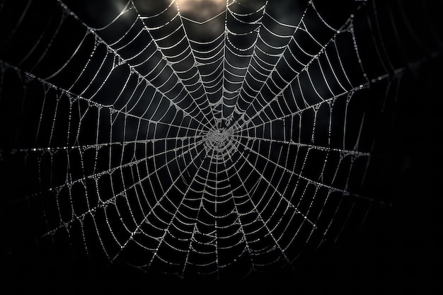 Teia de aranha na escuridão negra fundo de halloween AI