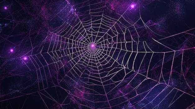 Foto teia de aranha roxa com fundo roxo e a palavra aranha nela