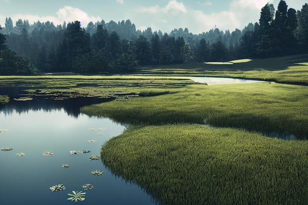 Teich auf einer grünen Wiese mit Büschen und einem blauen Himmel mit weißen Wolken 3D-Darstellung