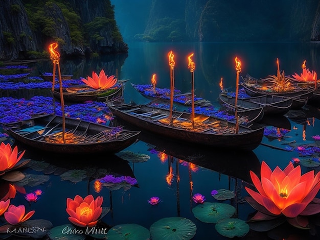 Teich mit Lotusblüten aus Bambus