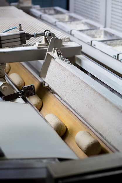 Teig auf dem Förderband Bäckerei stellt Brötchen her Förderband für die Herstellung von Brot