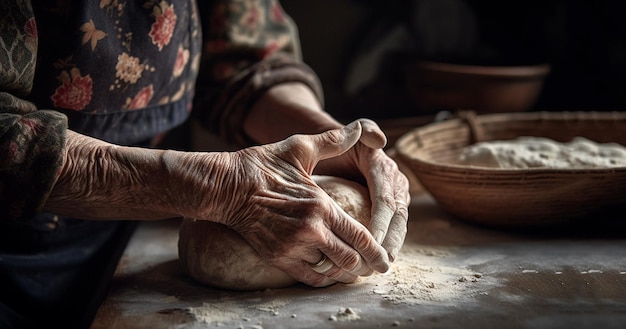 Teig für frisches Brot in den alten, faltigen Händen der Großmutter Nahaufnahme Omas Brotteig Großmutter hält ein Stück Brot mit Weizenähren und arbeitet traditionell in ihrer Küche zu Hause Senior