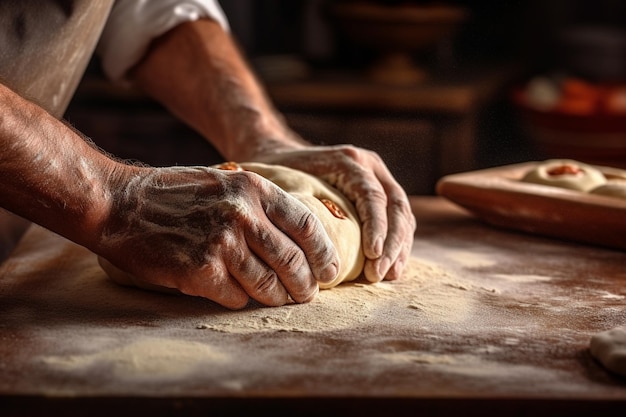 Teig für neapolitanische Pizza: Der Koch rollt die Rohlinge aus. Nahaufnahme der Hand des Chefkochs und Bäckers. Generative KI