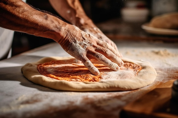 Teig für neapolitanische Pizza Nahaufnahme der Hand des Bäckers in einheitlicher weißer Schürze, Koch-Pi Generative KI