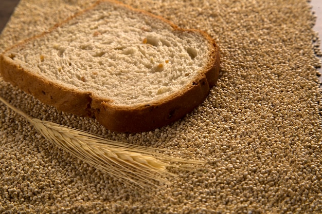 Teil der ungekochten Quinoa und des wey Proteins (detaillierte Nahaufnahme)