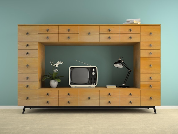 Foto teil des innenraums mit retro-konsole und tv-3d-rendering