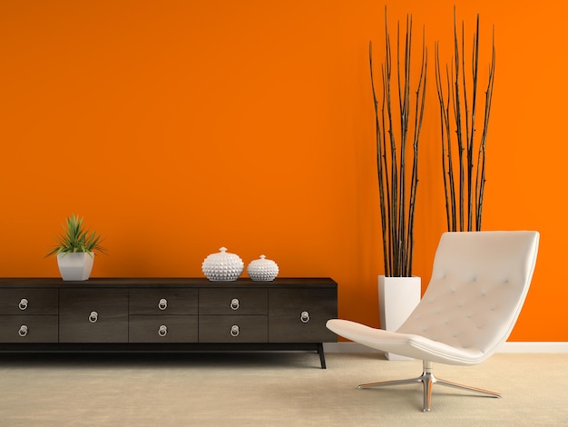 Teil des Innenraums mit weißem Sessel und orangefarbener Wand 3D-Rendering