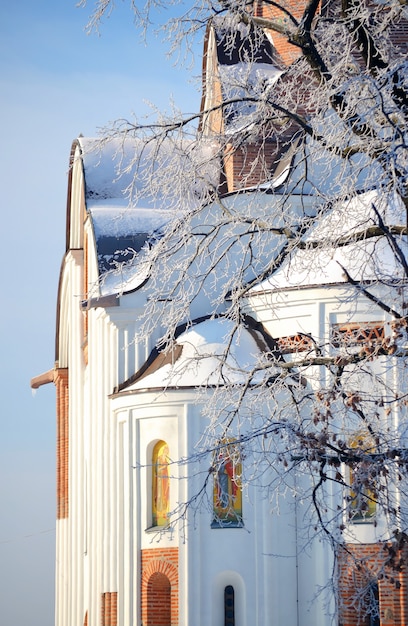 Teil des Tempels im Winter mit Ästen, Filter