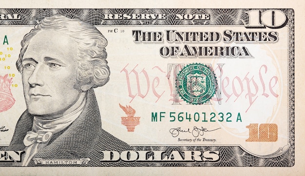 Teil von zehn Dollarschein amerikanischem Geld. Hochauflösendes Foto.