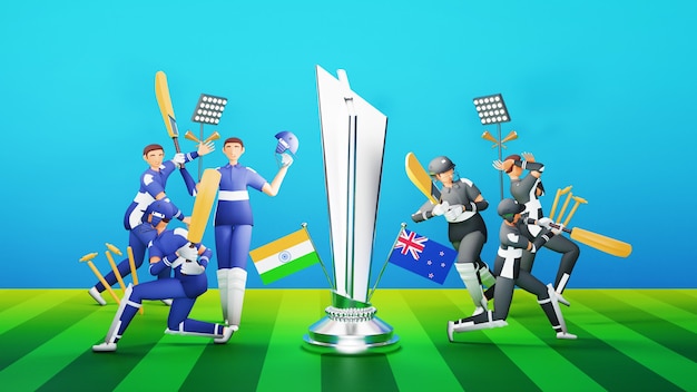 Teilnehmendes Cricket-Team von Indien gegen Neuseeland mit silberner Trophäe und Turnierausrüstung im 3D-Stil.
