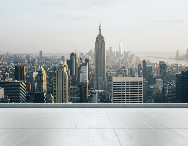 Tejado de hormigón vacío en el fondo de un hermoso horizonte de manhattan en la maqueta diurna