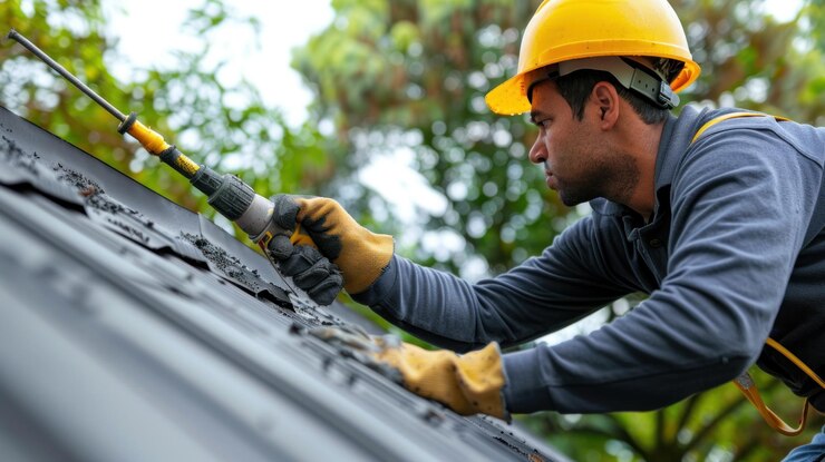 Tejado profesional sellado de juntas de techo con una pistola de caulking manual y poliuretano
