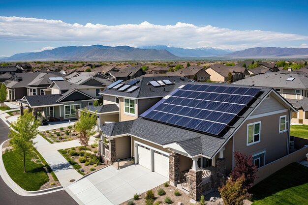 Foto los tejados de los barrios suburbanos con paneles solares que generan energía limpia para los hogares locales energía renovable