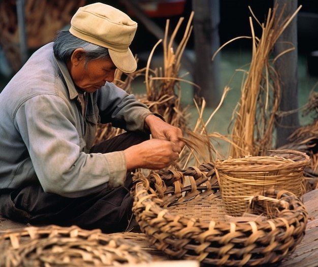 Un tejedor de canastas creando una canasta