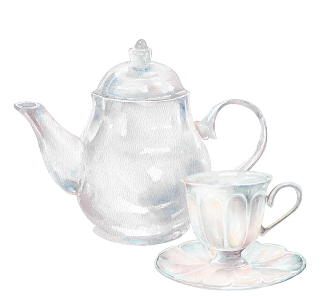 Tejera de cerámica blanca y taza con platillo Ilustración de acuarela dibujada a mano aislada en blanco