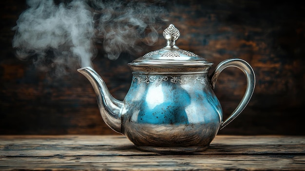 Tejera de plata antigua con vapor en una mesa de madera rústica