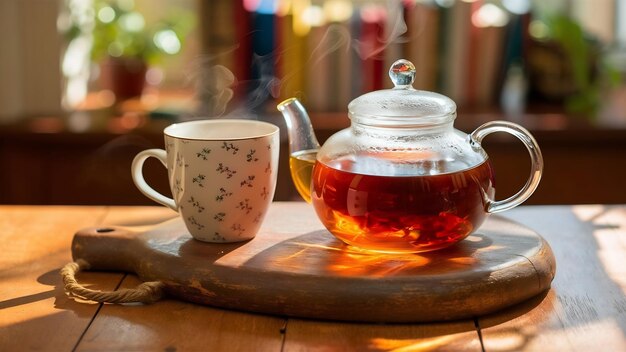 Tejera y taza de vidrio sobre el fondo de madera