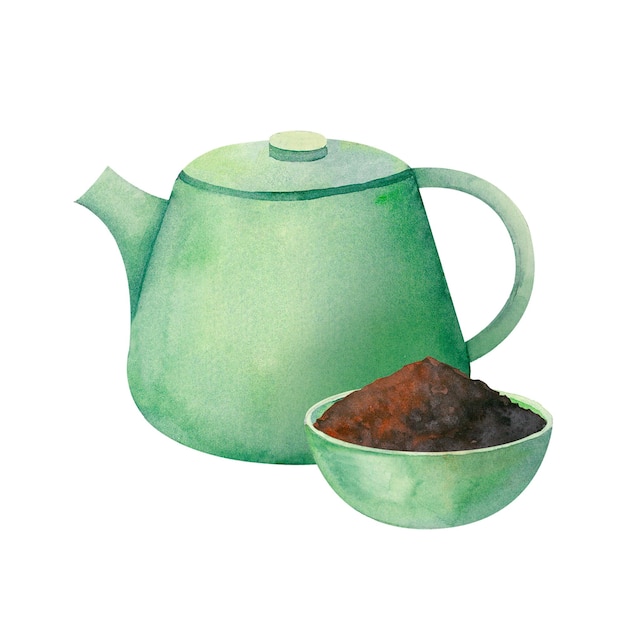 Tejera verde moderna y un cuenco de hojas de té negro sueltas dispuestas juntas Esta ilustración de acuarela funciona bien para marcar té artesanal o crear envases sofisticados