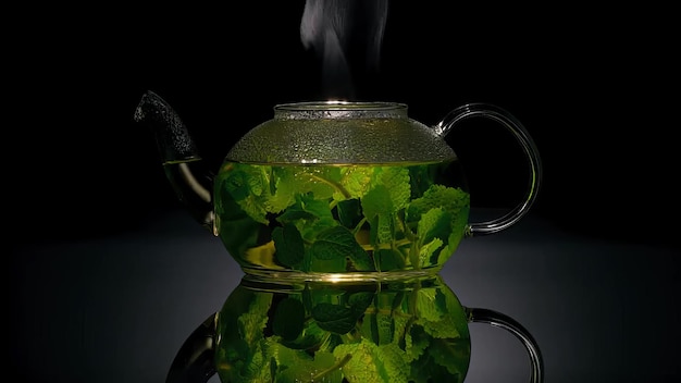 Tejera de vidrio con hojas grandes de té multicolor sobre fondo negro