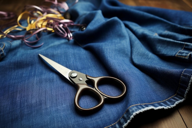 Foto tejeras y vaqueros en fondo de mesa de madera concepto de moda