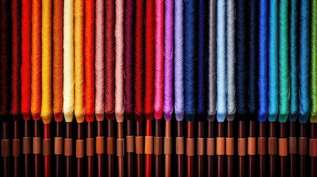 Foto tejido artístico de hilos de colores en clavos de madera