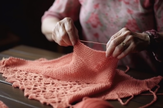 Tejido de ganchillo con manos y trabajador textil creativo en casa creado con ai generativo