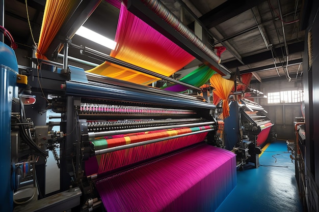 Tejido generativo de IA en una fábrica textil en una línea de producción de telas industriales de primer plano