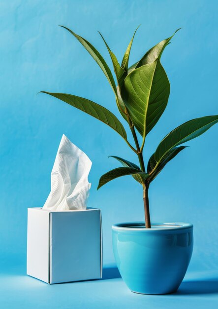 Tejidos retráctiles en una caja junto a una flor sobre un fondo azul