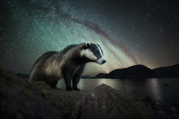 Un tejón se alza sobre una roca bajo un cielo estrellado.