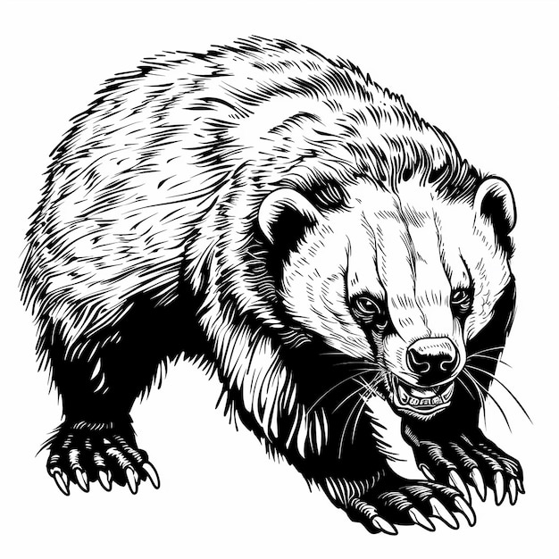 Tejón de miel silvestre en contorno vectorial en blanco y negro