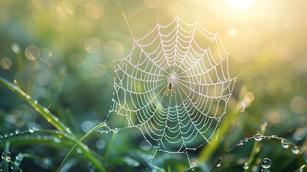 La tela de araña brilla con gotas de agua que reflejan la luz