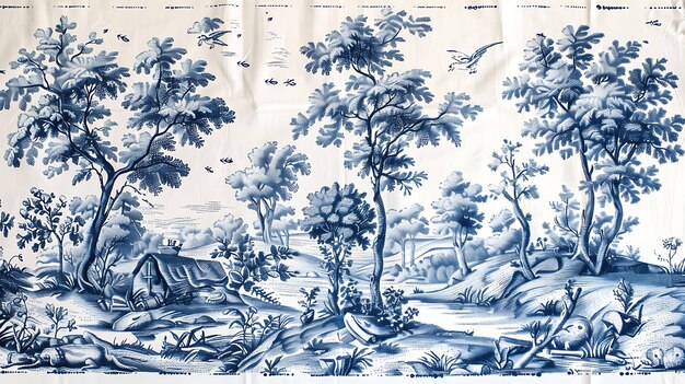 Una tela azul y blanca de toile de Jouy con una escena pastoral La escena representa un río que fluye a través de un bosque con árboles arbustos y pájaros