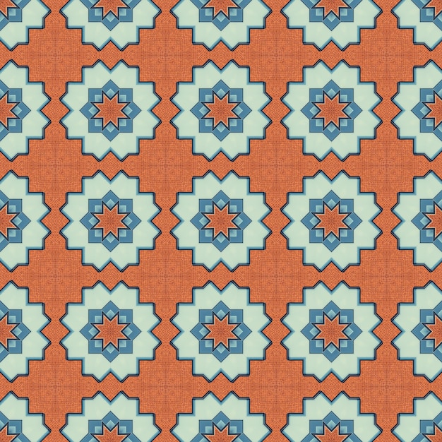 Una tela azul y naranja con un diseño geométrico.