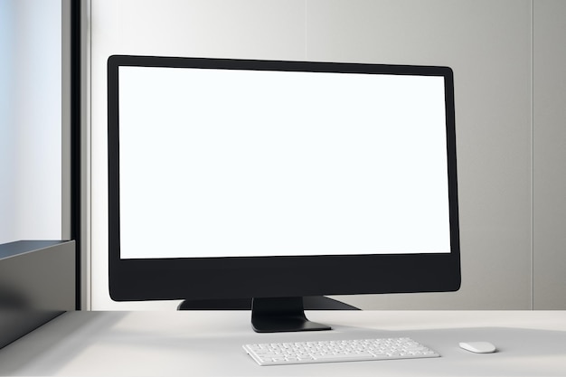 Tela branca em branco do monitor de computador preto na mesa branca no escritório de luz