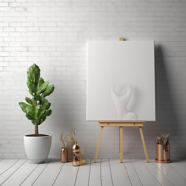 Tela branca para maquete em uma sala interior minimalista com uma parede de tijolos borrada ao fundo