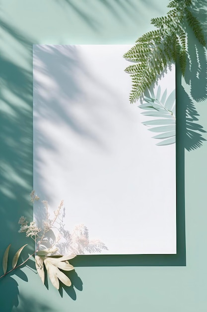 Tela de desenho branca em branco na superfície colorida de menta com folhas de palmeira, plantas domésticas e sombras florais suaves