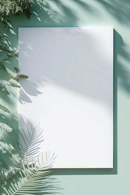 Tela de desenho branca em branco na superfície colorida de menta com folhas de palmeira, plantas domésticas e sombras florais suaves