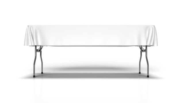 Foto tela de exposição branca limpa meia gota drapeada sobre uma mesa de exposição isolada em um branco
