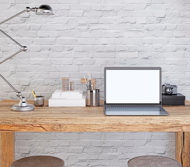 Tela de laptop de pôster de maquete na renderização 3D do estilo hipster da área de trabalho