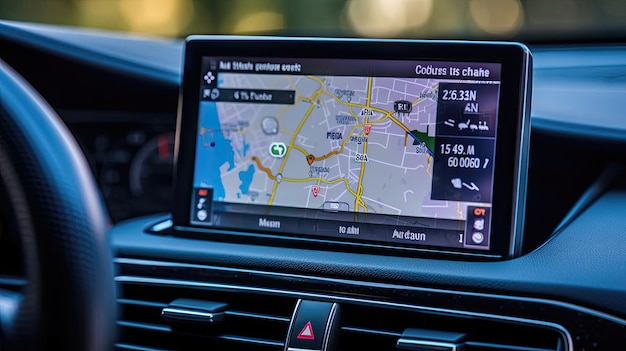 Tela de navegação GPS destacando uma rota bem definida e desobstruída A exibição intuitiva e as atualizações em tempo real garantem que os motoristas permaneçam no curso Gerado por IA