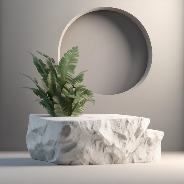 Tela de pódio de pedra com rocha branca e desfoque de planta Primeiro plano Fundo abstrato renderização em 3D