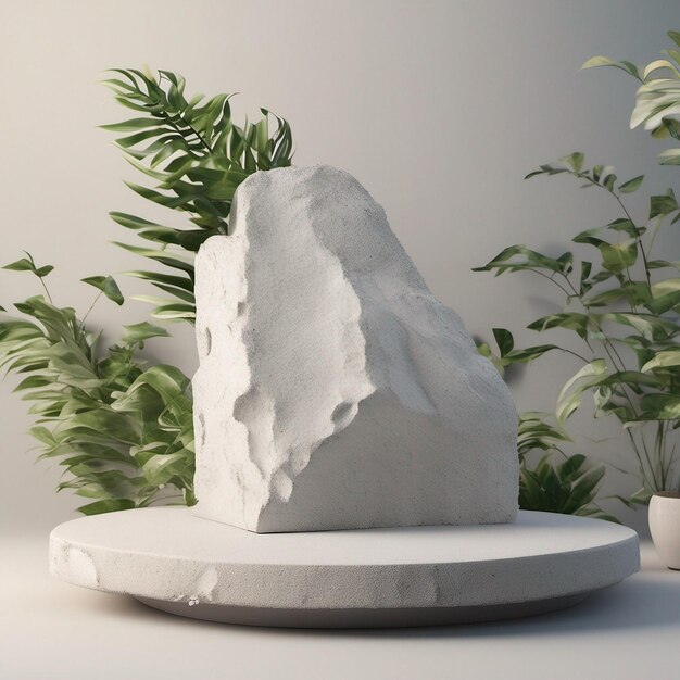 Tela de pódio de pedra com rocha branca e desfoque de planta Primeiro plano Fundo abstrato renderização em 3D