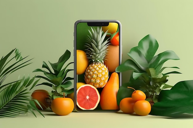 tela de smartphone de comida saudável em pano de fundo verde com frutas e legumes na tela