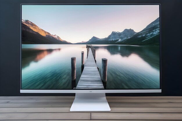 Foto tela de tv no chão de madeira em frente ao lago renderização 3d
