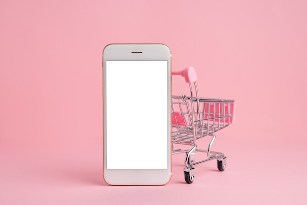 Tela do celular no modelo de carrinho de compras, entrega e compras online