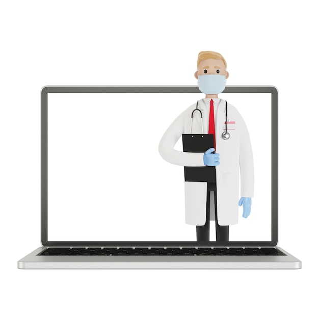 Tela do laptop com médico masculino. Conceito de seguro de saúde online. O médico detém o contrato. Ilustração 3D em estilo cartoon.